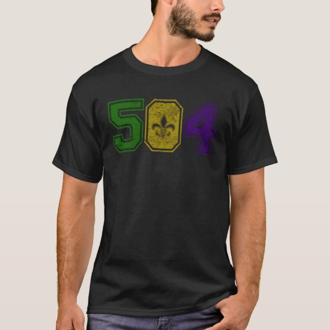 Camiseta Distressed Mardi Gras Retro Fleur De Lis NOLA 504 (Frente)