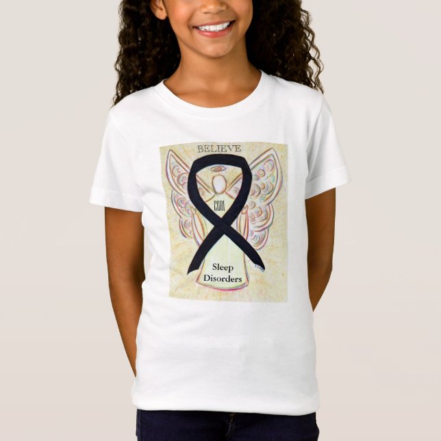 Camiseta Distúrbios do sono Sensibilização Preta Fita Anjo  (Frente)