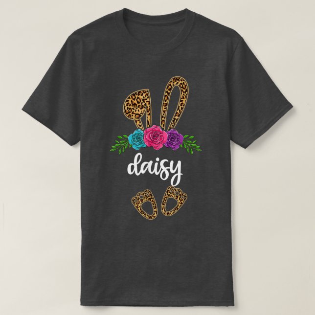 Camiseta Diversão Bunny Daisy Bunny Leopard, Páscoa Dia Vov (Frente do Design)