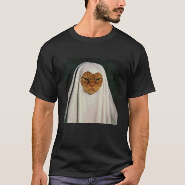 Camiseta Diversão Descontente Gato Fantasma Halloween (Frente)