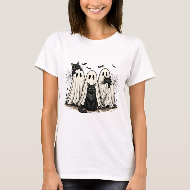 Camiseta Diversão do Halloween - Gatos Fantasmas e (Frente)