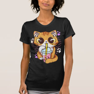 Camiseta Diversão Kawaii Cute Cat Boba Bubble milk Tea Anim