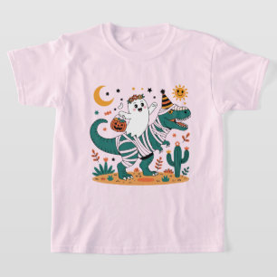Camiseta Diversão no Halloween! Fantasma no T-Rex Enfaixado