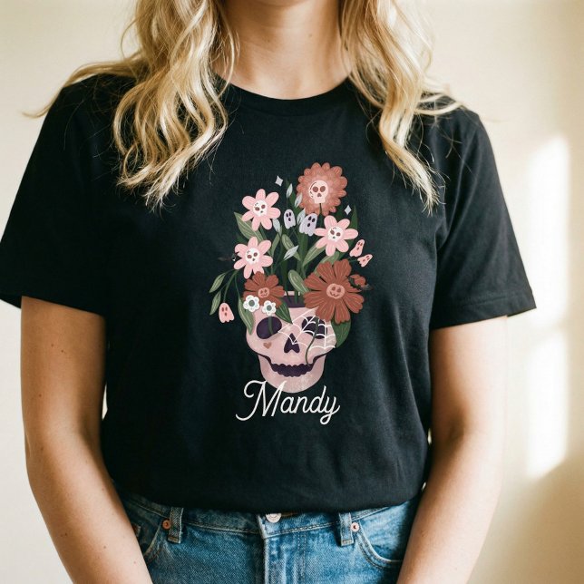 Camiseta Diversão Spookling Floral Halloween Skull (Cute Fun Pink Skull Flowers Halloween Custom Name Tri-Blend Shirt)
