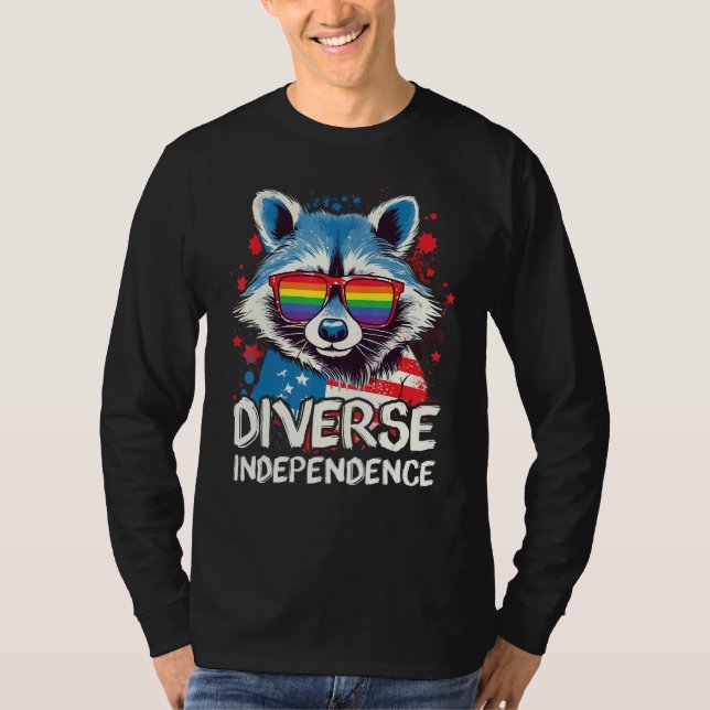 Camiseta Diverse Independence  Raccoon LGBT Pride Sunglasse (Frente)
