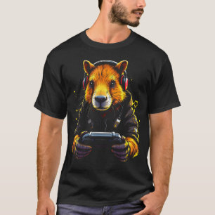 Camiseta Divertida de Capivara Controles Fones de