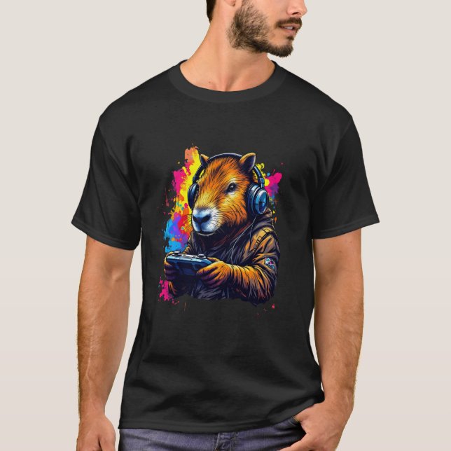 Camiseta Divertida de Capivara Fone de Ouvido Cont (Frente)