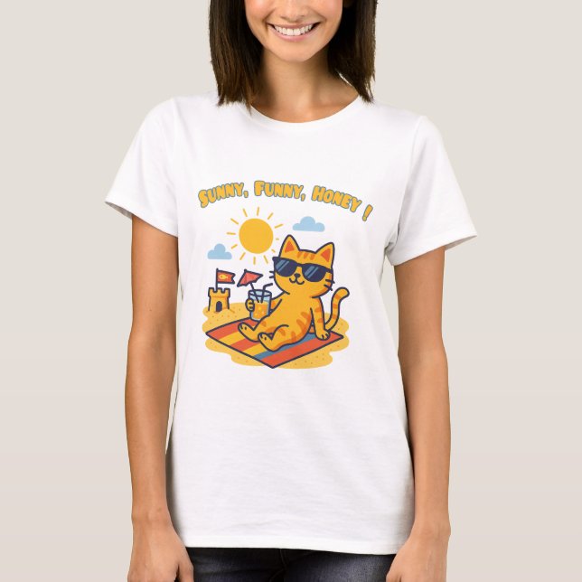 Camiseta Divertida de Gato de Verão – "Ensolarado, (Frente)