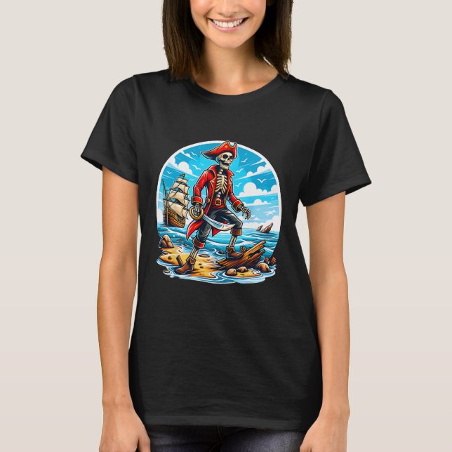 Camiseta Divertida de Pirata Esqueleto Caveira Hal (Frente)