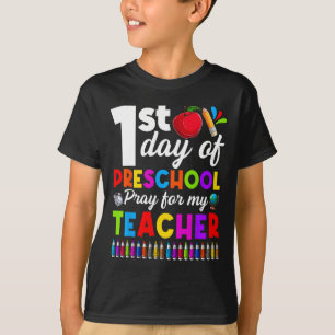 Camiseta Divertido 1º Dia De Pré-Escola Reze Por Meu Menino
