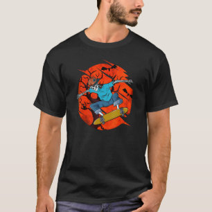 Camiseta Divertido Design de Esqueleto SK8R Morcegos e Gato