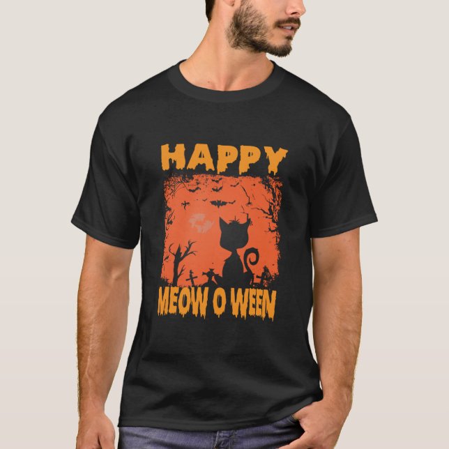 Camiseta Divertido Halloween Feliz Meow O Ween (Frente)