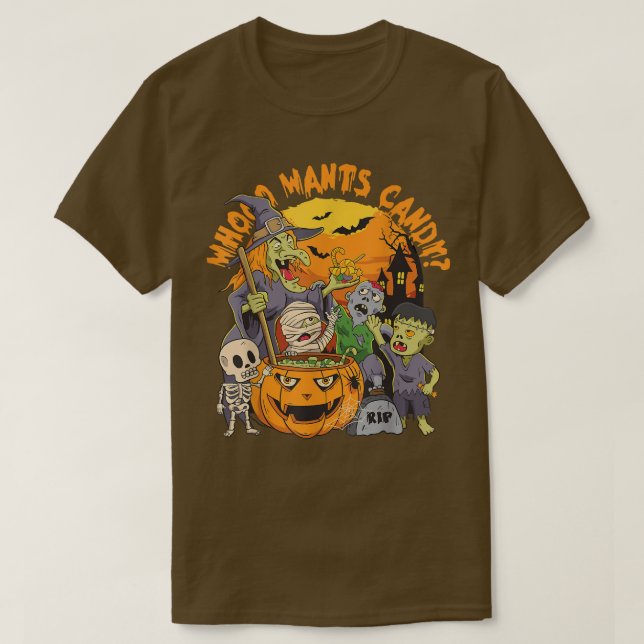 Camiseta Divertido Halloween Quem Quer Doce Bruxa Fantasma  (Frente do Design)