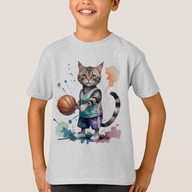 Camiseta Divertido Legal Gato Jogando Basquete Humor Animal (Frente)
