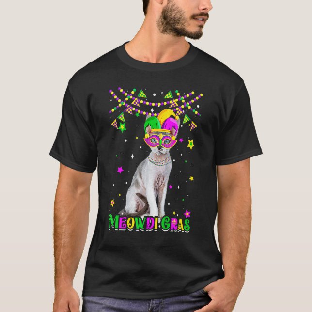 Camiseta Divertido Meowdi Gras Devon Rex Gato Carnaval de M (Frente)