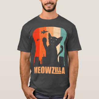 Camiseta Divertido Miowzilla Gato Fofo Destruindo Amigo da