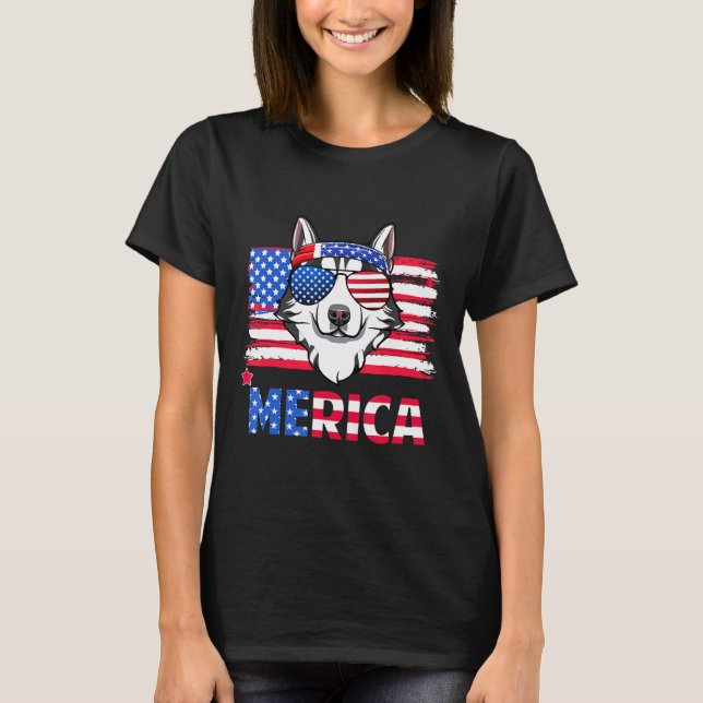 Camiseta Divertido Pendurado Com Husky Mãe Merica 4 De Julh (Frente)