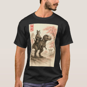 Camiseta Divertido Sumi-e Kawaii Gato Montando Dinossauro A