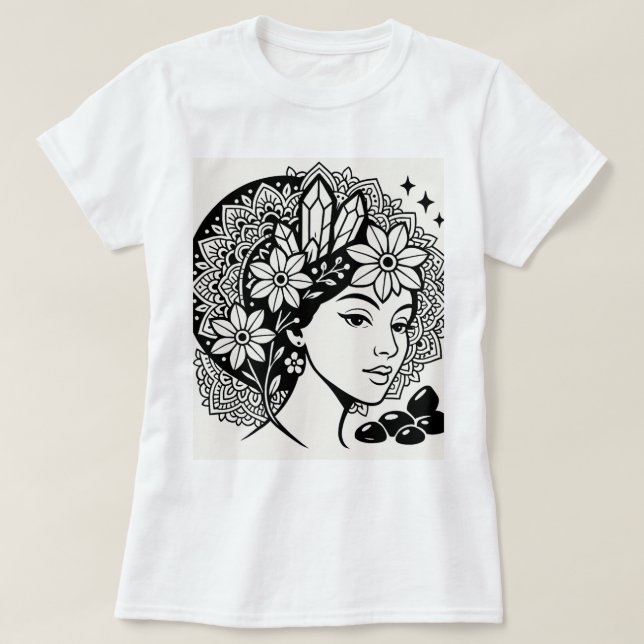 Camiseta Divina Feminina Mandala Art Floral Crystal Deusa (Frente do Design)