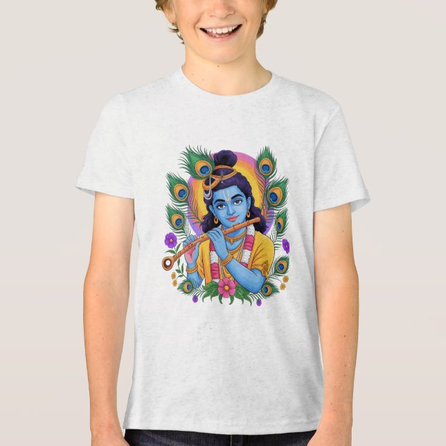 Camiseta Divine Lord Krishna Playing Flute with Peacock Fea (Frente)