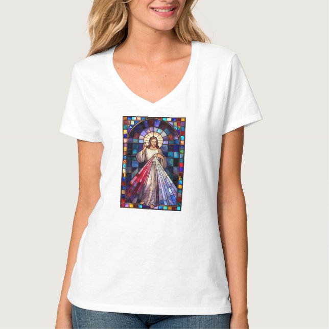 Camiseta Divine Mercy Jesus Women's V-Neck Tee Shirt (Frente)