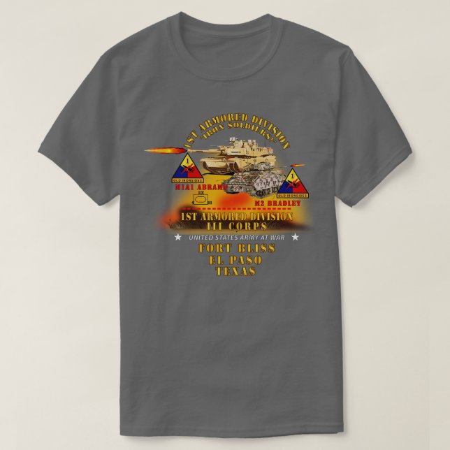 Camiseta Divisão blindada Ft Bliss TX M1 M2 w Fogo X (Frente do Design)