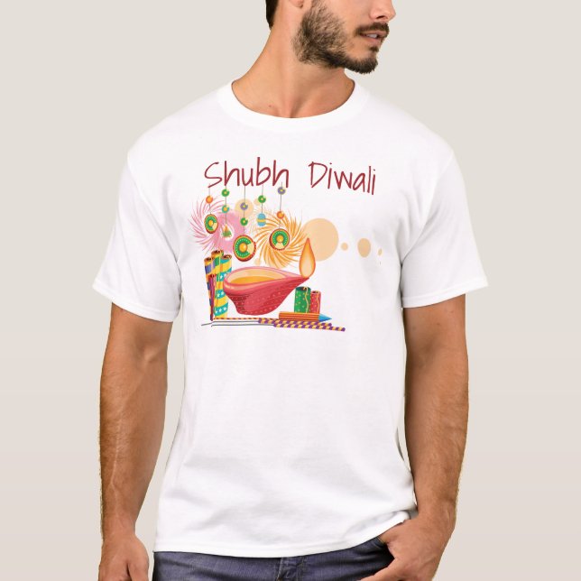 Camiseta Diwali — Cartoon Diya e Fireworks (Frente)