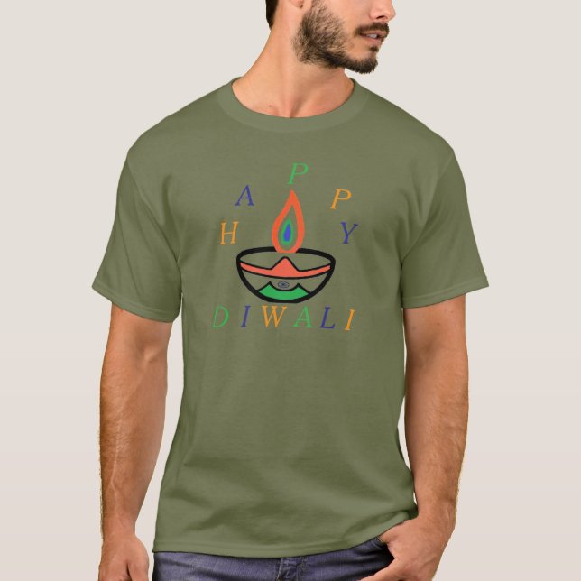 Camiseta Diya atualizado: Happy Diwali Tricolor Design (Frente)
