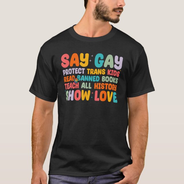 Camiseta Dizer Gay Proteger Crianças Trans Lidas Banidas (Frente)