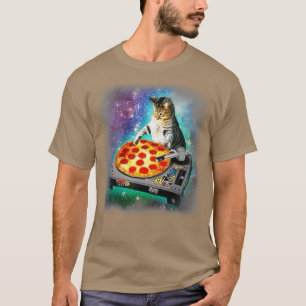 Camiseta DJ Cat come pizza na galáxia