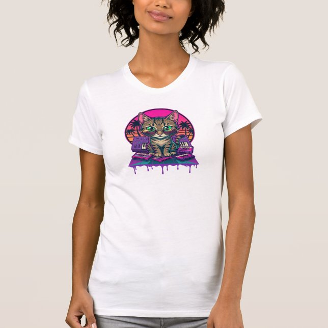 Camiseta DJ Cat de Synthwave (Frente)