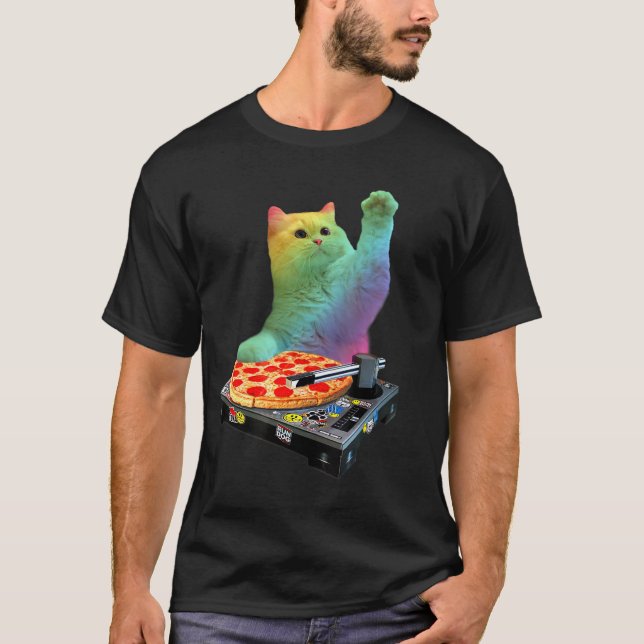 Camiseta DJ Cat DJ Pizza EDM Música Cinto Gatinho Branco (Frente)