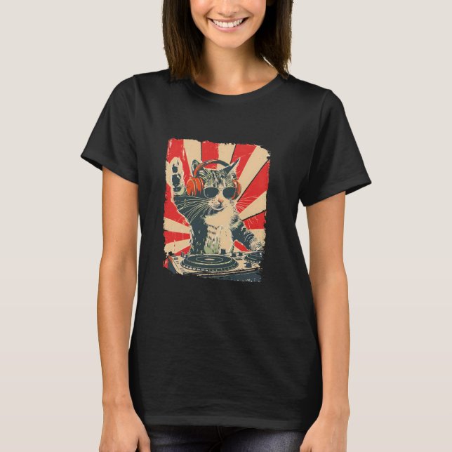 Camiseta DJ Cat Retro - Kitty Gatinho da Discoteca Girando  (Frente)