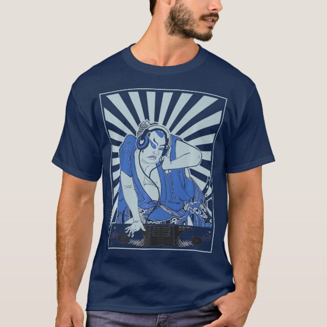 Camiseta DJ Dejay e fones de ouvido Samurai tocando música (Frente)