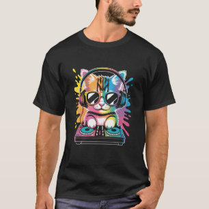 Camiseta DJ Gatinho em toca-discos Música Rave Sintetizador