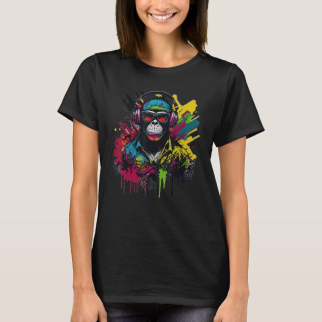 Camiseta DJ Monkey Chimp With Sunglasses & Headphones Cool  (Frente)