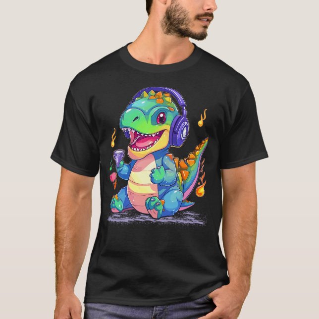 Camiseta DJ Music Dino Headphones Cool Music Producer T-Rex (Frente)