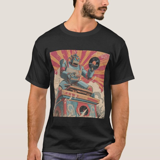 Camiseta DJ Robô Retro com Vinil — Explosão de Sol de Quadr (Frente)