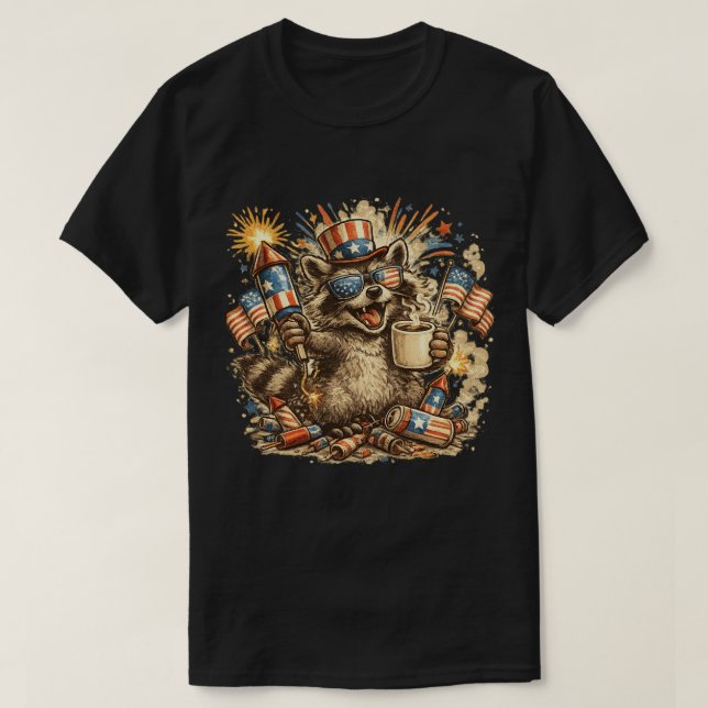 Camiseta do 4 de Julho com Guaxinim Patriótico, Ca (Frente do Design)