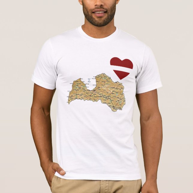 Camiseta do Coração e Mapa da Bandeira da Letônia (Frente)