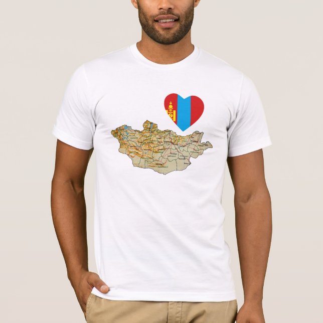 Camiseta do Coração e Mapa da Bandeira da Mongólia (Frente)