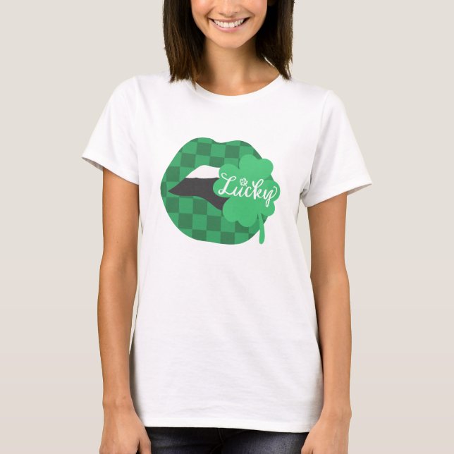 Camiseta do Dia de São Patrício com Lábios e Cravo (Frente)