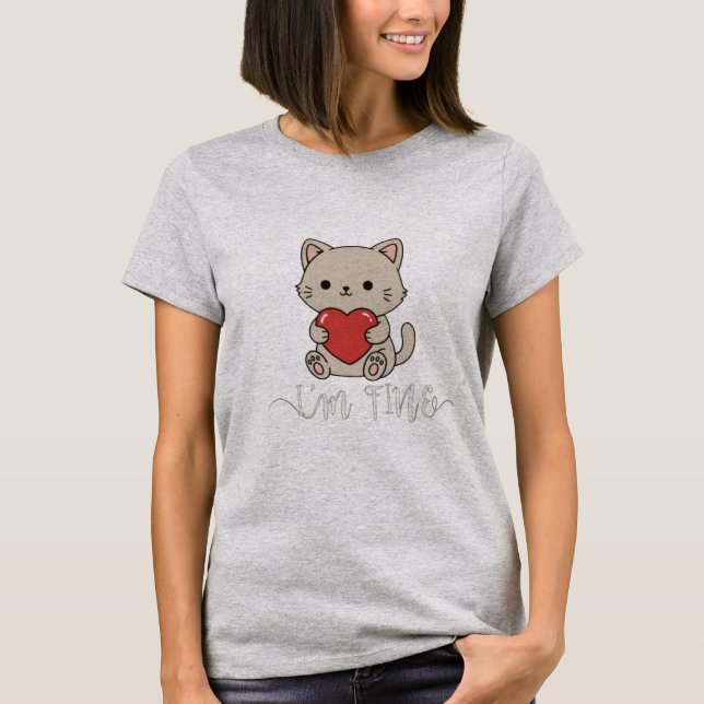 Camiseta do Gato Fofo "Estou Bem" com Coração (Frente)