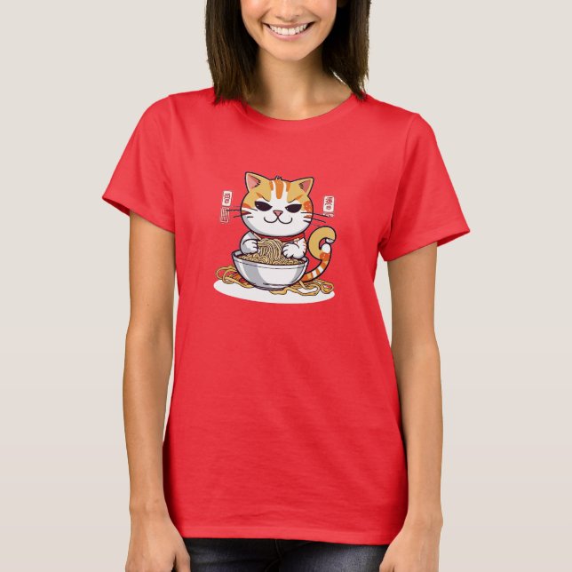 Camiseta do Gato Ramen Comendo Macarrão (Frente)