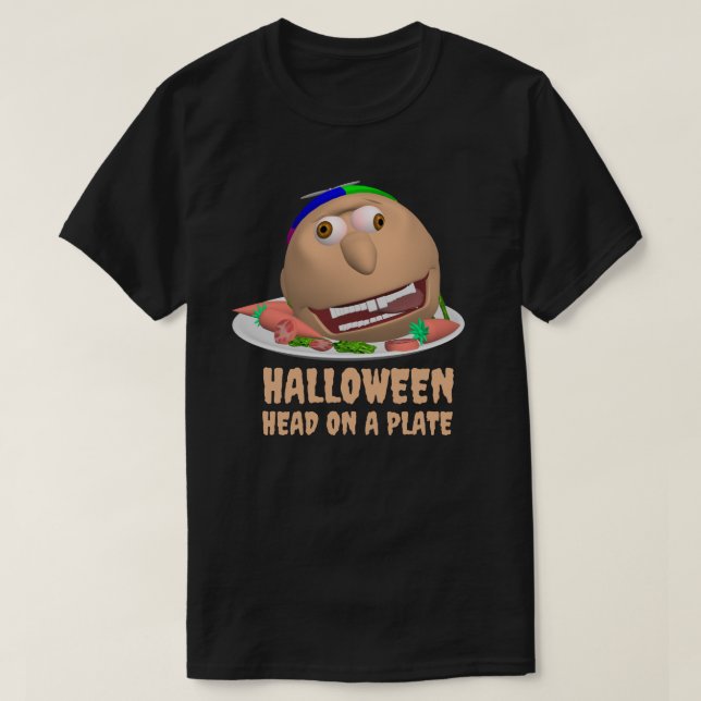Camiseta do Halloween Cabeça em um Prato com texto (Frente do Design)