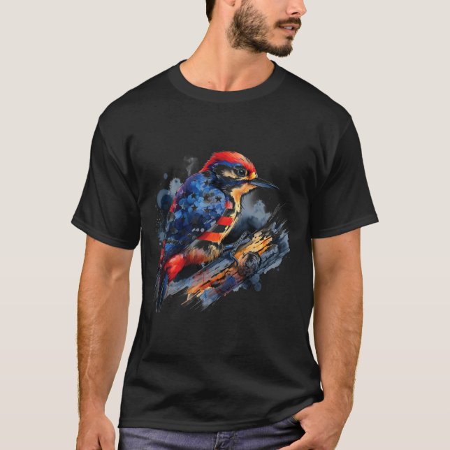 Camiseta Do Julho Woodpecker Bird Lovers Usa Flag Patriótic (Frente)