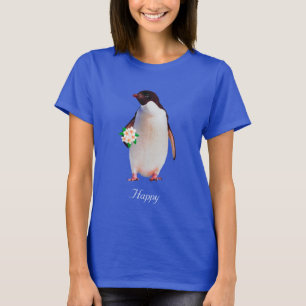 Camiseta do Pinguim Feliz Segurando Flores