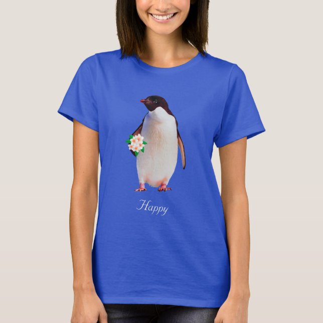 Camiseta do Pinguim Feliz Segurando Flores (Frente)