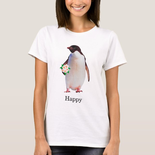 Camiseta do Pinguim Feliz Segurando Flores (Frente)
