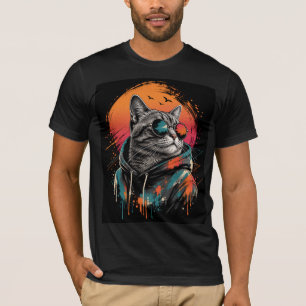 Camiseta do pôr do sol retrô do gato astronauta le
